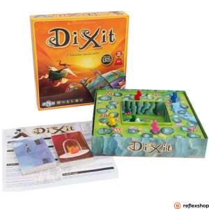 Dixit társasjáték doboz nyitva, a játék elemei láthatóak, beleértve a kártyákat, a zsetonokat és a játéktáblát - Nono