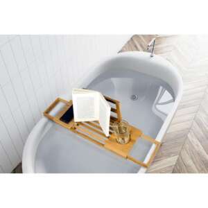 Bamboo bath tray, extendable from 50 to 85 cm, with a book holder, a round and a rectangular recess, holding a tablet, phone, glass, and book, in a bathtub - Other bathroom accessory