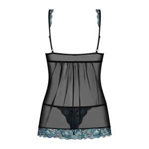Obsessive Amanta Babydoll in Schwarz und Türkis mit gestickter Spitze, Rückansicht - Obsessive