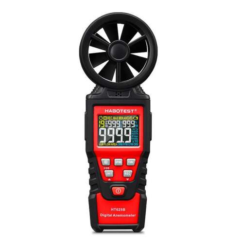 Habotest HT625B digital anemometer, wind speed meter, air flow meter, temperature, humidity, dew point, wind chill, air volume, CFM, SMM, CMS