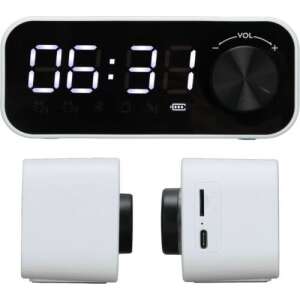 Multifunctional Bluetooth alarm clock speaker radio with LED digital display, white color, front view, showing time, buttons, and volume knob - Sumker