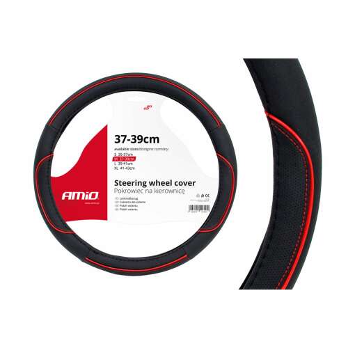 Husa pentru volan AMiO, neagră cu cusături roșii, 37-39cm