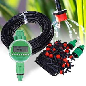 Green digital automatic garden hose timer with LCD display, showing time settings, with filter and connector, with drip irrigation system - Irrigation