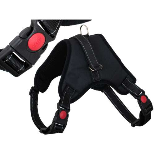 Fekete kutya hám piros csatokkal, húzásmentes kialakítás, kényelmes és biztonságos kutyáknak, XL méret