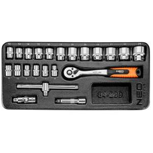 NEO Tools 3/8 hüvelykes villáskulcs készlet, 22 db, tartalmazza a foglalatokat, a racsnit, a hosszabbítót, az univerzális csuklót és a hordtáskát - Kézi szerszám