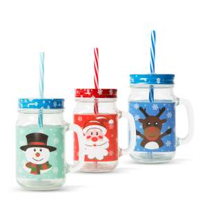 Set of 3 Christmas mason jar glasses with snowman, Santa Claus and reindeer designs, each with a lid and straw - Serving