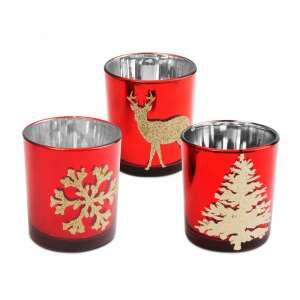 Karácsonyi teamécses pohár szett hópehely, rénszarvas és karácsonyfa mintával - Mécses