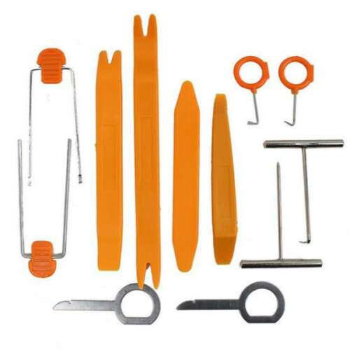 Car radio removal tool kit, 12 pieces, orange and silver, for removing car radio and interior panels