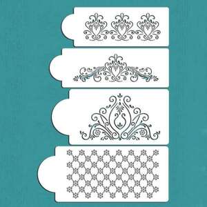Cake decorating stencils, set of 4, floral and geometric designs, close-up - Pastry decorating tool