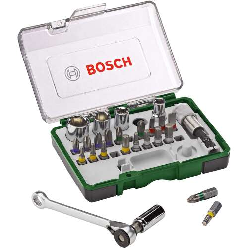 Bosch 27 piece screwdriver and socket set, 2607017160, with bits, sockets, ratchet, and quick change adapter