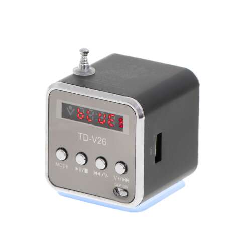 TD-V26 hordozható rádió Bluetooth-tal, FM rádióval, SD kártyahellyel, USB töltéssel és LED-es fényekkel