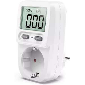 White energy consumption meter adapter with digital display, showing kWh, mode and up buttons - Electricity Meter