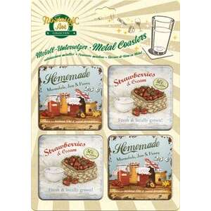 4 db-os fém poháralátét szett vintage dizájnnal, házi készítésű lekvár és eper és tejszín képekkel. Tökéletes a asztal védelmére a hőtől és a karcolásoktól. - Poháralátét