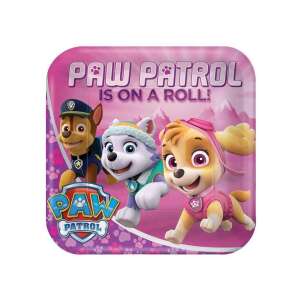 8 броя 23 см розови хартиени чинии Paw Patrol с изображения на Чейс, Скай и Еверест - Реквизит за партита
