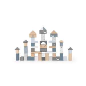 Label Label Fa Építőkocka - 50 db - Kék, Szürke, Fehér