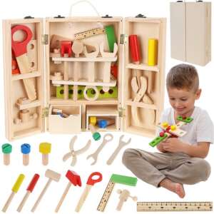 Wooden toy tool set for kids, includes tools like hammer, saw, wrench, screwdriver, and more, in a carrying case - Wooden building game