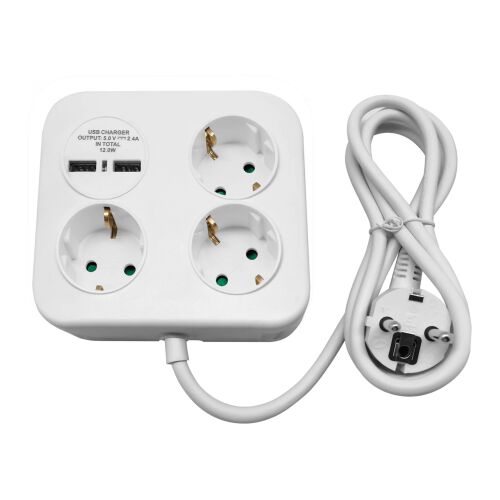 Przedłużacz kwadratowy z 3 gniazdami i 2 x USB-A, 3 x 1,5 mm2, 1,4 m, biały