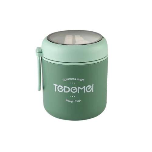 Tedemei rozsdamentes acél leveses csésze fogantyúval, zöld ételtermosz meleg és hideg ételekhez