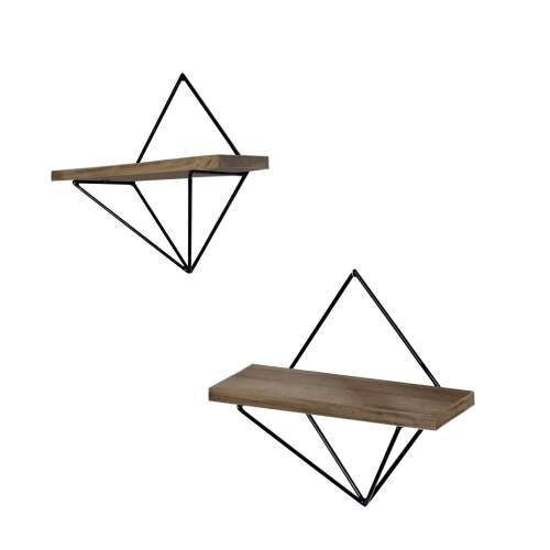 Set of 2 geometric wall shelves, black metal frame with wooden shelves