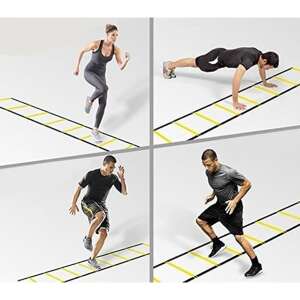 Koláž ľudí, ktorí používajú žltý agility rebrík s čiernymi popruhmi, 12 priečkami, 6 metrov dlhý - Fitness vybavenie