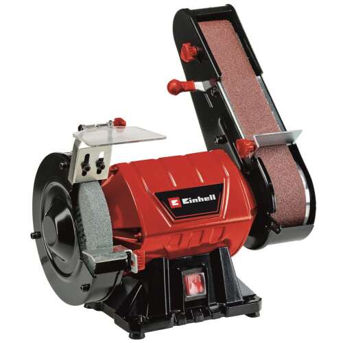 Einhell TC-US 350 bench grinder and belt sander, red and black, with sanding belt and grinding wheel