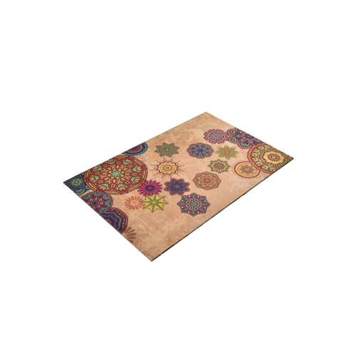 Angled view of a multicolor floral mandala doormat, 45x70 cm