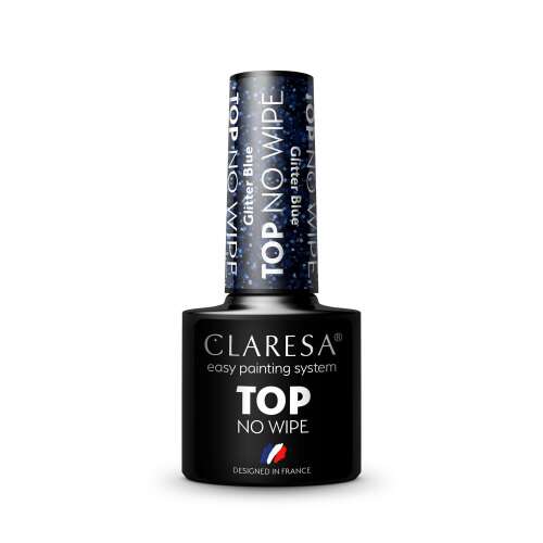 Claresa Top No Wipe Glitter Blue Lakier hybrydowy, 5g, Top Coat bez wycierania z niebieskim brokatem