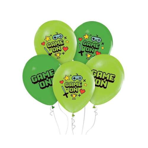 5er Pack grüner Latexballons mit 'GAME ON' und pixeligen Gaming-Grafiken, 12 Zoll