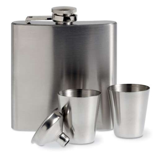 Rozsdamentes acél laposüveg készlet 2 kupicával és tölcsérrel