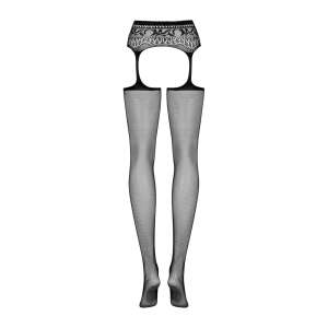 Obsessive S307 schwarze Netzstrümpfe mit Strumpfband, floraler Spitzenverzierung - Obsessive