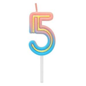 Neon number 5 birthday candle, pink and blue ombre with gold trim - Amscan Birthday Candle & Cake Topper