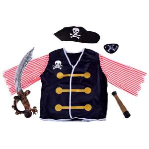 Pirate costume for kids with accessories, includes pirate hat, sword, telescope, eyepatch, and vest, black and red striped sleeves, skull and crossbones design - Ramiz Costume for Kid