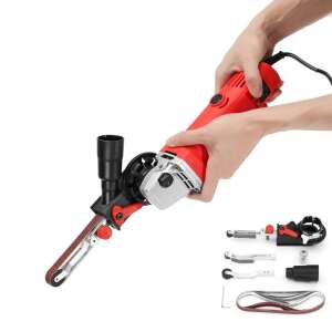 Belt sander attachment for angle grinder, red and black, with sanding belt and accessories - Sander