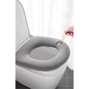 Gray plush toilet seat cover with yellow handle, easy to use - Toilet Seat
