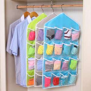 Hanging organizer with 16 clear pockets for storing socks, underwear, and other small items - Closet organizer