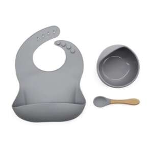 Graues Silikon-Baby-Essbesteck mit verstellbarer Lätzchen, Saugnapf-Schüssel und Löffel - Füttern