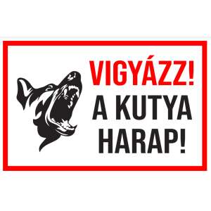 Információs öntapadós matrica - Vigyázz! A kutya harap! képpel 230x150 mm