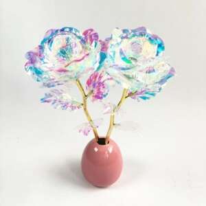 ForYou Gyémántfényű Aranyrózsa, two iridescent gold roses with LED lights in a pink vase - Sumker