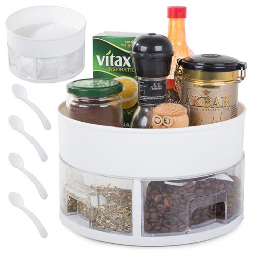 Collage of rotating kitchen organizer with spices and spoons