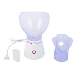 White facial steamer with pink button, facial steamer with two nozzles, facial steamer with measuring cup - Facial care device