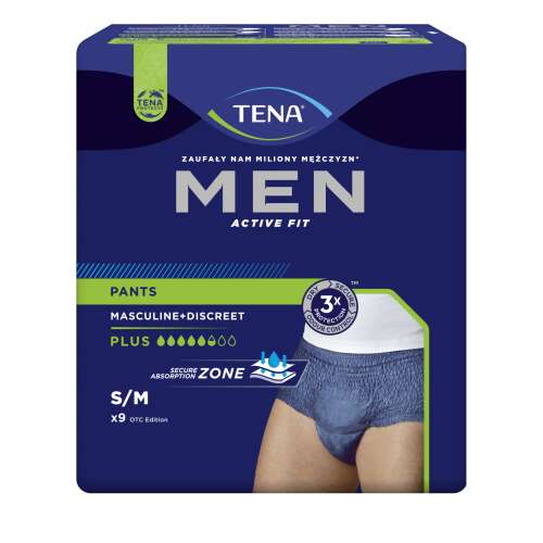 Tena Men Active Fit Pants Plus inkontinencia-fehérnemű férfiaknak, S/M méret, 9 db, sötétkék