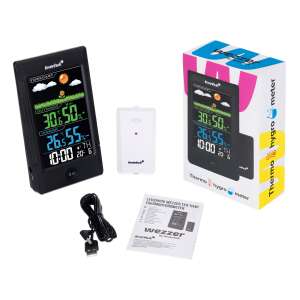 Levenhuk Wezzer Teo TH40 hőmérséklet- és páratartalom-mérő, fekete, vezeték nélküli érzékelővel, minden alkatrész látható, beleértve az USB kábelt, a kézikönyvet és a csomagolást - Levenhuk