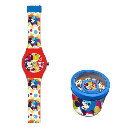 Disney Mickey Mouse Analoguhr mit buntem Silikonarmband und blauer Blechdose