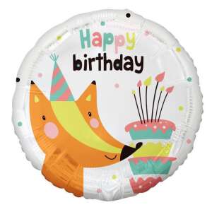 Happy Birthday Fox fólia lufi, 36cm, rókával, aki születésnapi tortát tart - Fox