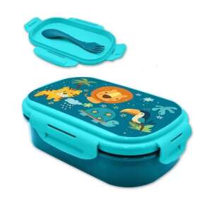 Jungle themed lunch box with fork and spoon, blue and green, for kids - Feeding