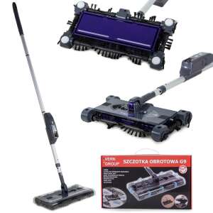 G9 Ultra electric sweeper, cordless, rechargeable, with rotating brushes and dust container, collage - Partvis & Broomstick