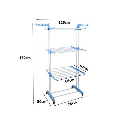 Összecsukható többfunkciós állvány és ruhaszárító kerekekkel, kék