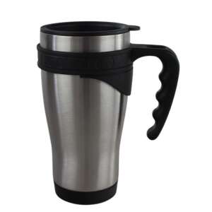 Cestovný hrnček z nehrdzavejúcej ocele s čiernym vekom a rukoväťou - Preprava jedla a nápojov