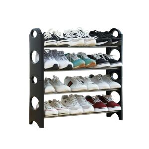 4 polcos cipős állvány, műanyag-fém cipőspolc, fekete