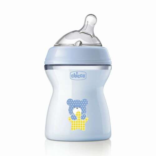 Chicco NaturalFeeling 250 ml Babyflasche mit mittelstarkem Sauger, blau mit Bärenmotiv
